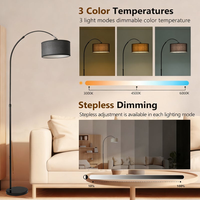 SHARPDO Adjustable Arc Floor Lamp with Fan, 12W Tri-Color LED Dimmable Standing Lamp, Remote & Push Button Control, Marble Base, Linen Shade, Modern Tall Floor Lamp for Living Room Bedroom Office - Image 3